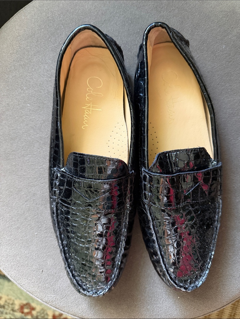 Cole Haan Womens 8.5 Black Patent Leather Mock Croc Driving Loafers Nike Air - Picture 2 of 8